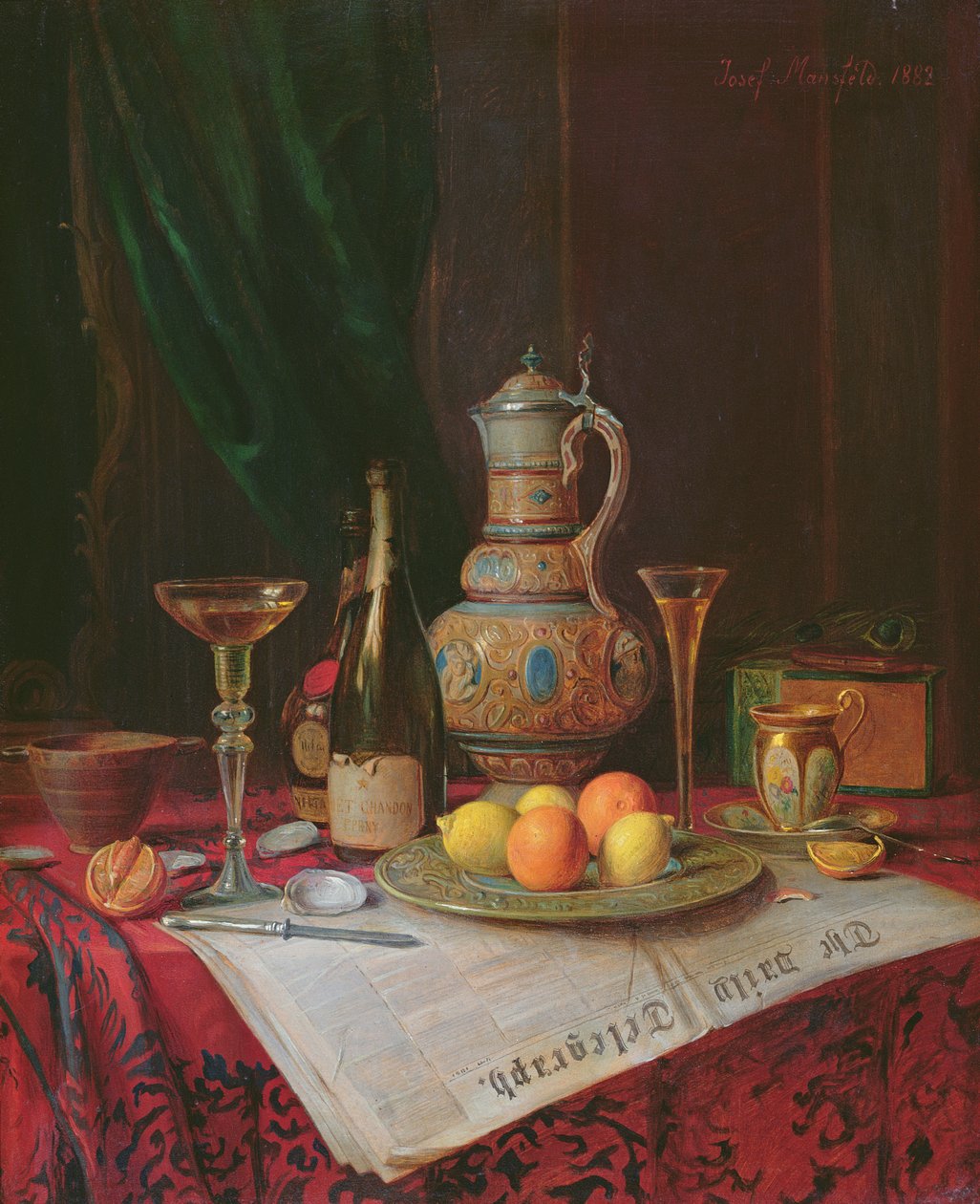 Stilleben med en flaske champagne, 1882 (panel) af Josef Mansfeld
