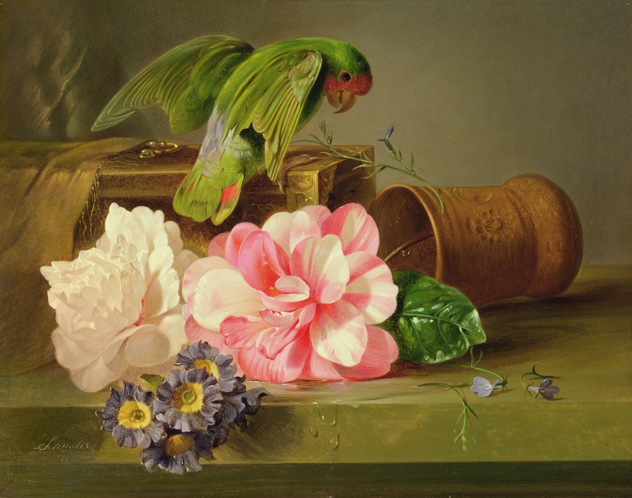 Stilleben med papegøje, 1879 af Josef Schuster