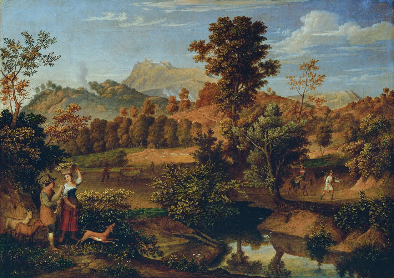 Italiensk landskab med en bonde, der pløjer (The Serpentara nær Olevano, Landskab nær Paliano) af Josef Anton Koch