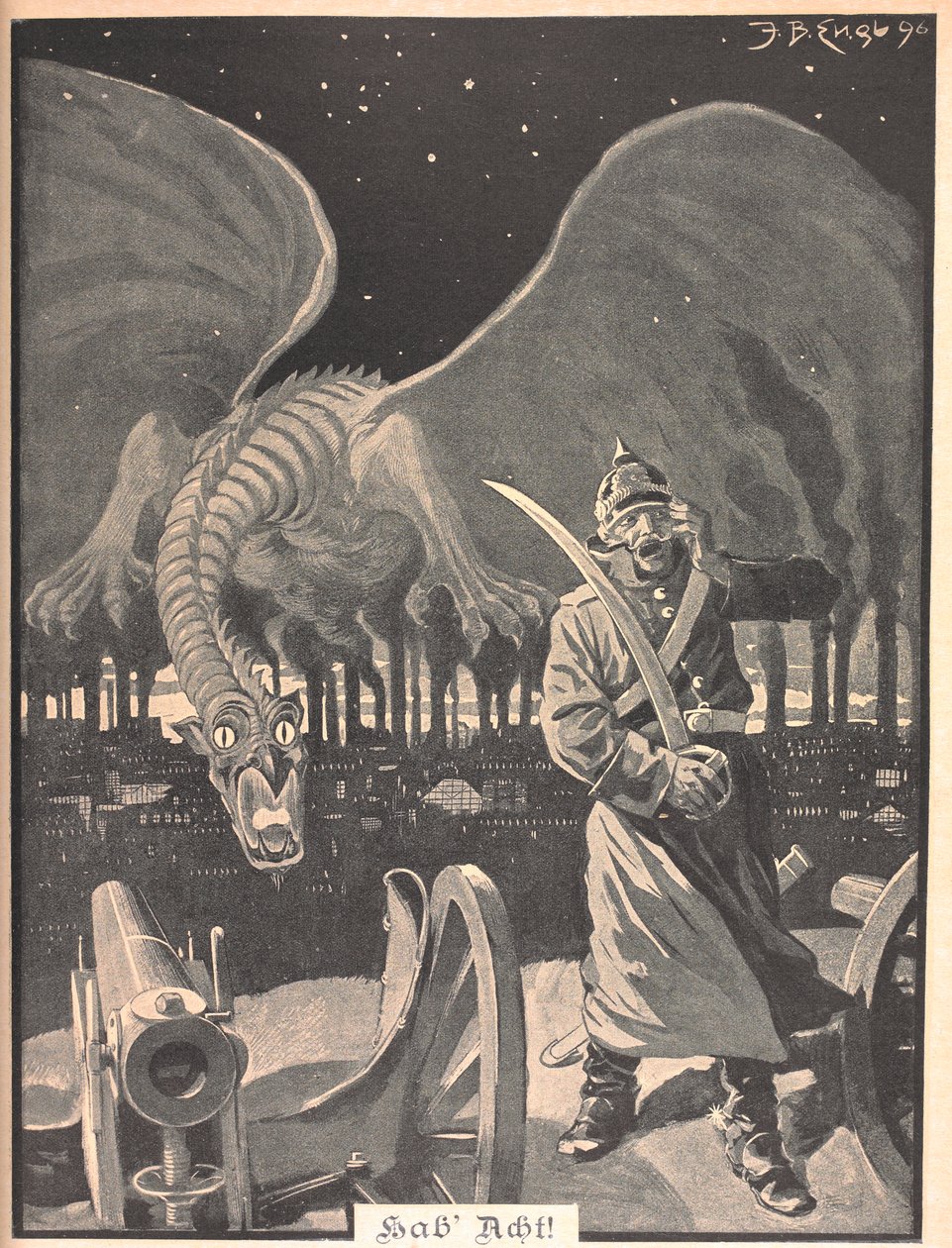 Tegning til digtet "Som nat". En drage, der produceres af røgen fra fabrikker, bag en tysk soldat. En surrealistisk scene. af Josef Benedikt engl