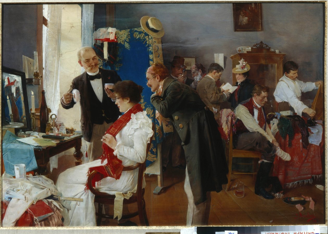 ""Dans la loge"" (I omklædningsrummet) Kunstnere gør klar før showet Maleri af Josef Douba (1866-1928) Sent i det 19. århundrede Olie på lærred - Privat samling af Josef Douba