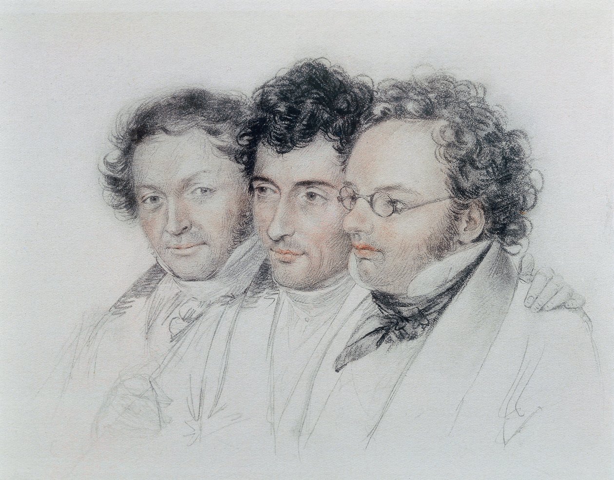 Fra venstre mod højre venner af komponisterne Johann Baptist Jenger (1793-1856), Anselm Huttenbrenner (1794-1868) og Franz Schubert (1797-1828), pastel af Josef Teltscher af Josef Eduard Teltscher