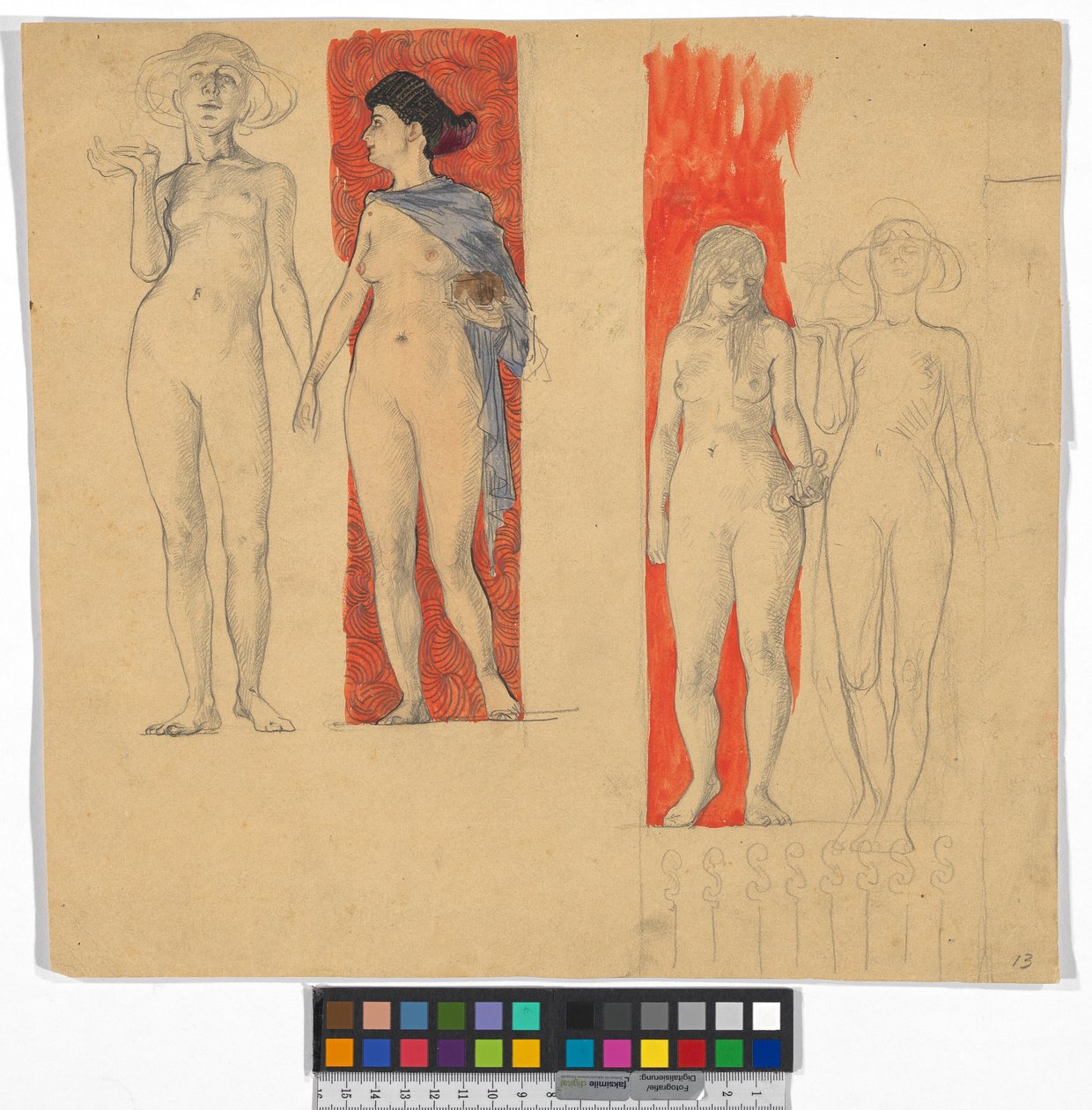 Vier Frauenakte (Studie zum Ferdinand Raimund Zyklus im Schloss Kogl, Attergau?) af Josef Engelhart