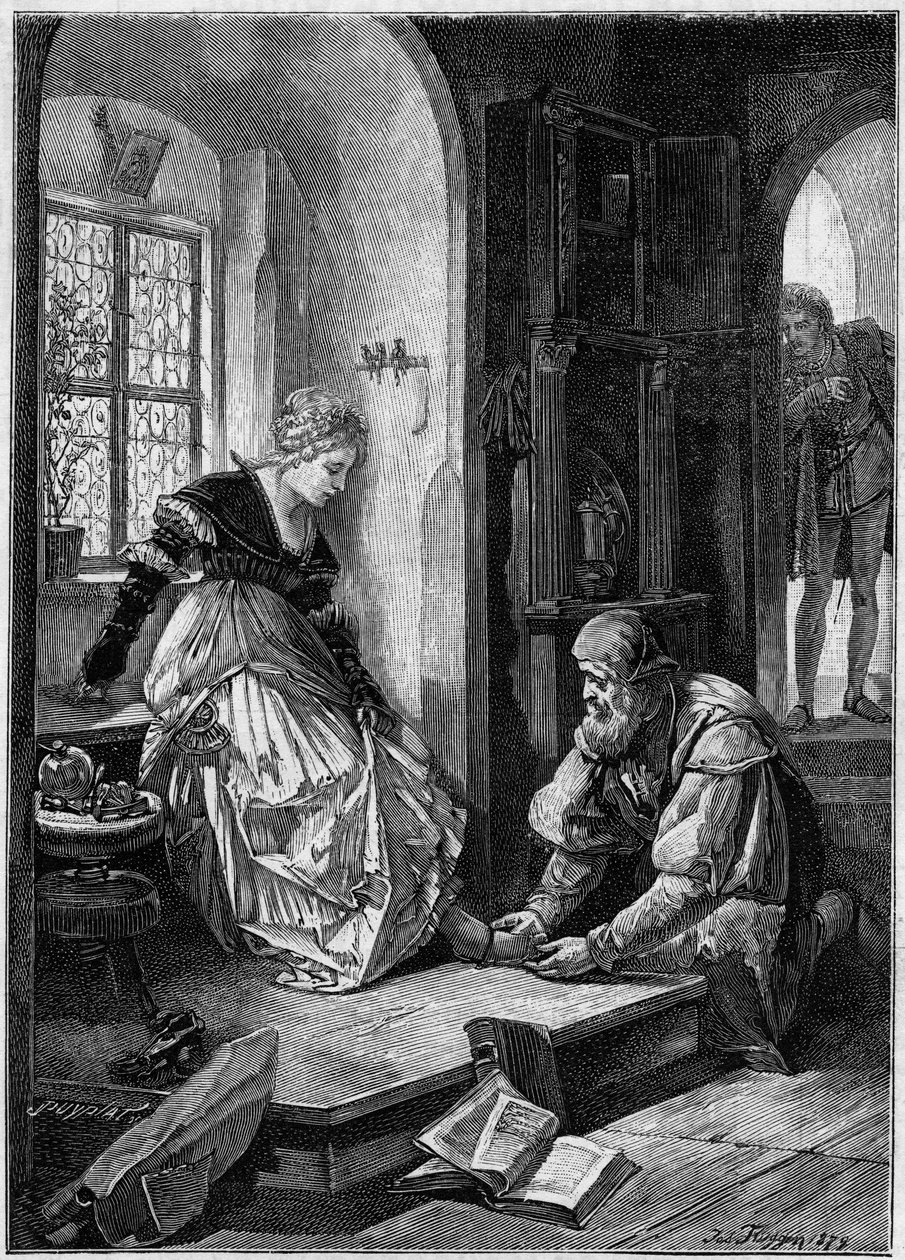 Eva i Hans Sachs værksted (3. akt af operaen “Die Meistersinger von Nurnberg””, på fransk “The Master Singers of Nurnberg”” af Richard Wagner, skrevet i 1868) baseret på Joseph Fluggens maleri. Indgravering i "The Illustrous World" af Josef Fluggen