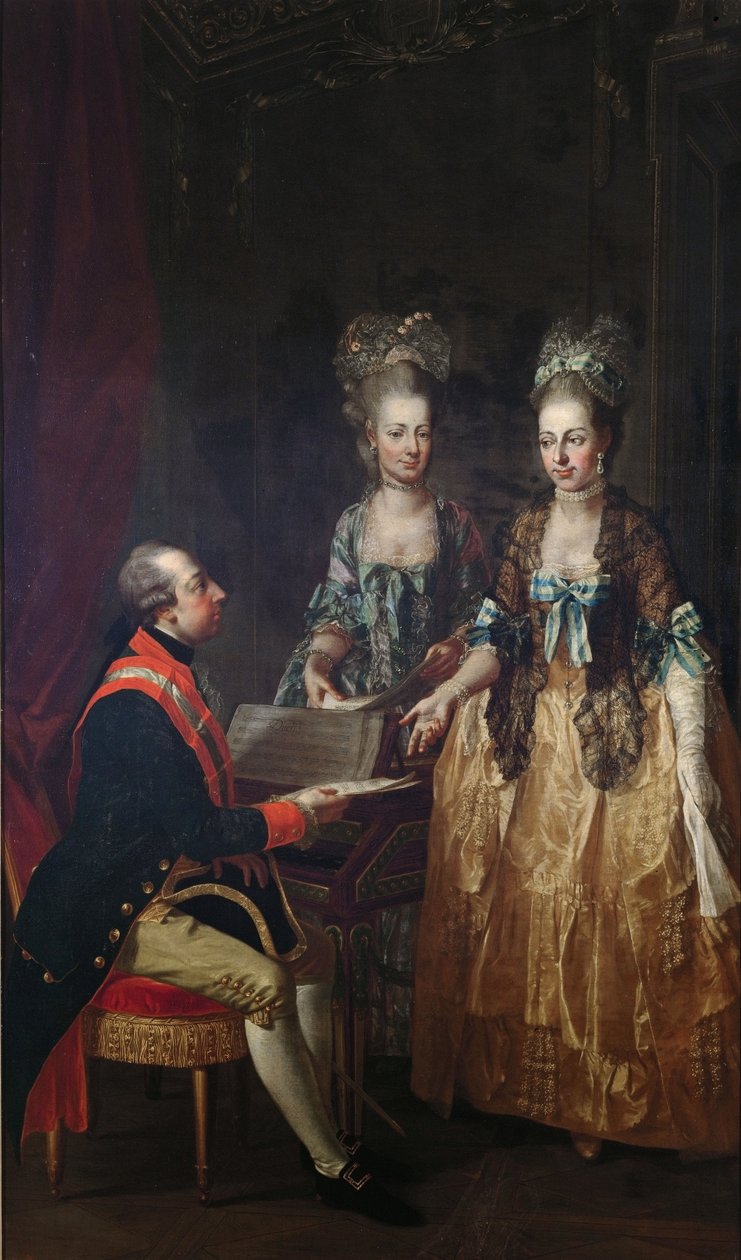 Portræt af kejser Joseph II ved spinettet med sine søstre Maria Elisabeth og Maria Anna. af Josef Hauzinger