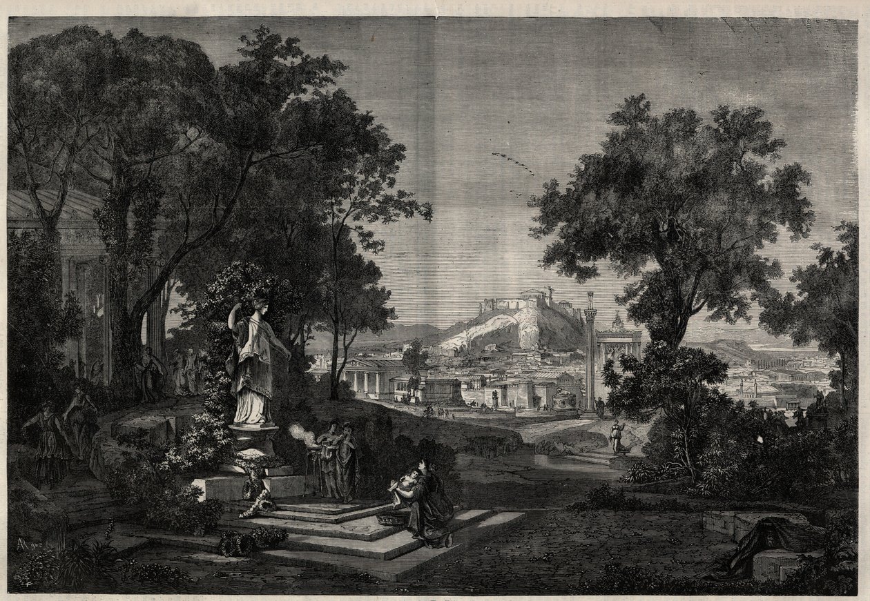 Det antikke Grækenland: udsigt over Venus a Athenes haver. Gravering efter et maleri af Joseph Hoffmann i "The Illustrous Universe" af Josef Hoffman