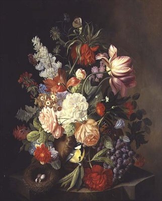 Et stilleben med blandede sommerblomster i en urne (olie på lærred) af Josef Holstayn