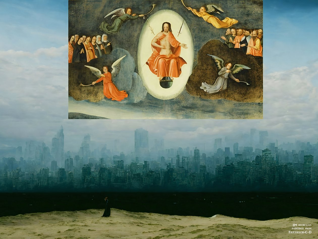 JJM genskaber Friedrich-C-D: Munken foran byen Vision 2 af Josef Johann Michel