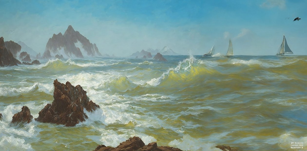 JJM genskaber Bierstadt-A: Seal Rock California (med sejlskibe) af Josef Johann Michel