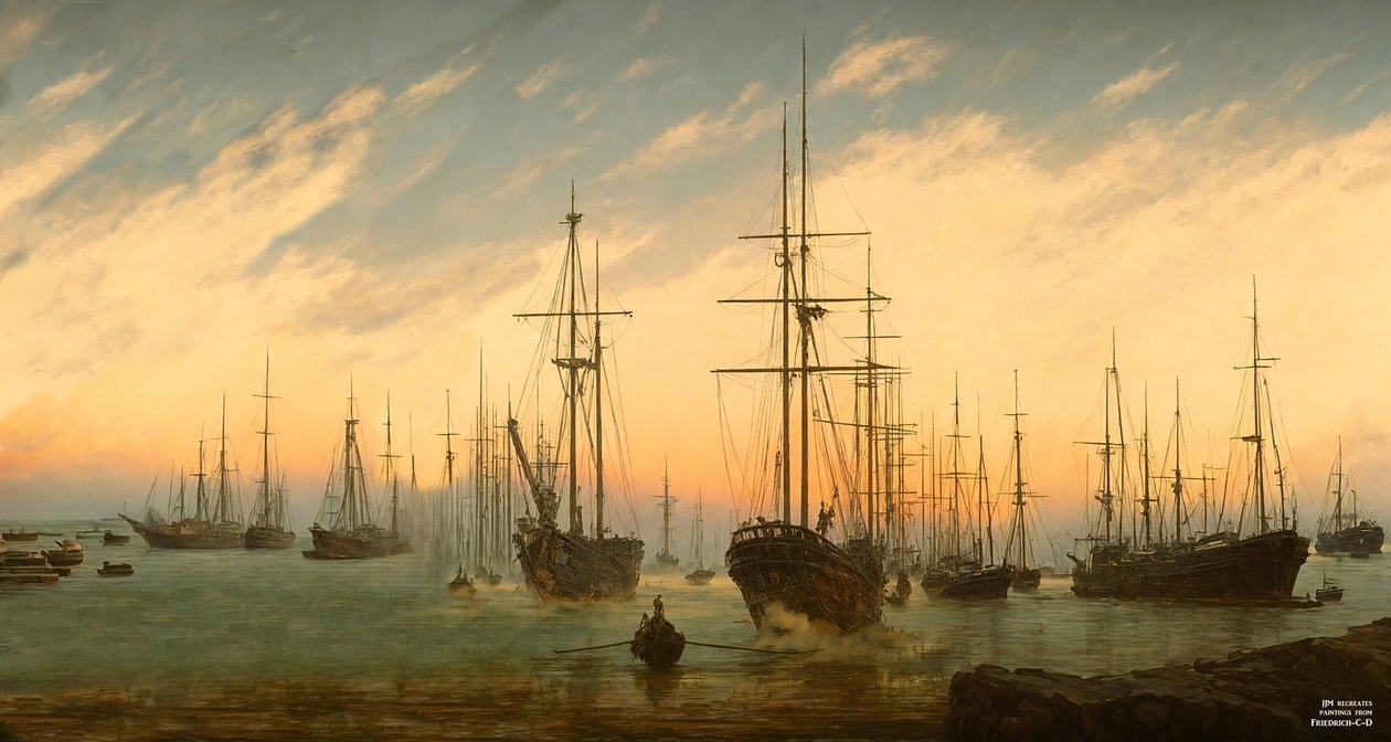 JJM genskaber Friedrich-C-D: Udsigt over en havn (panorama) af Josef Johann Michel