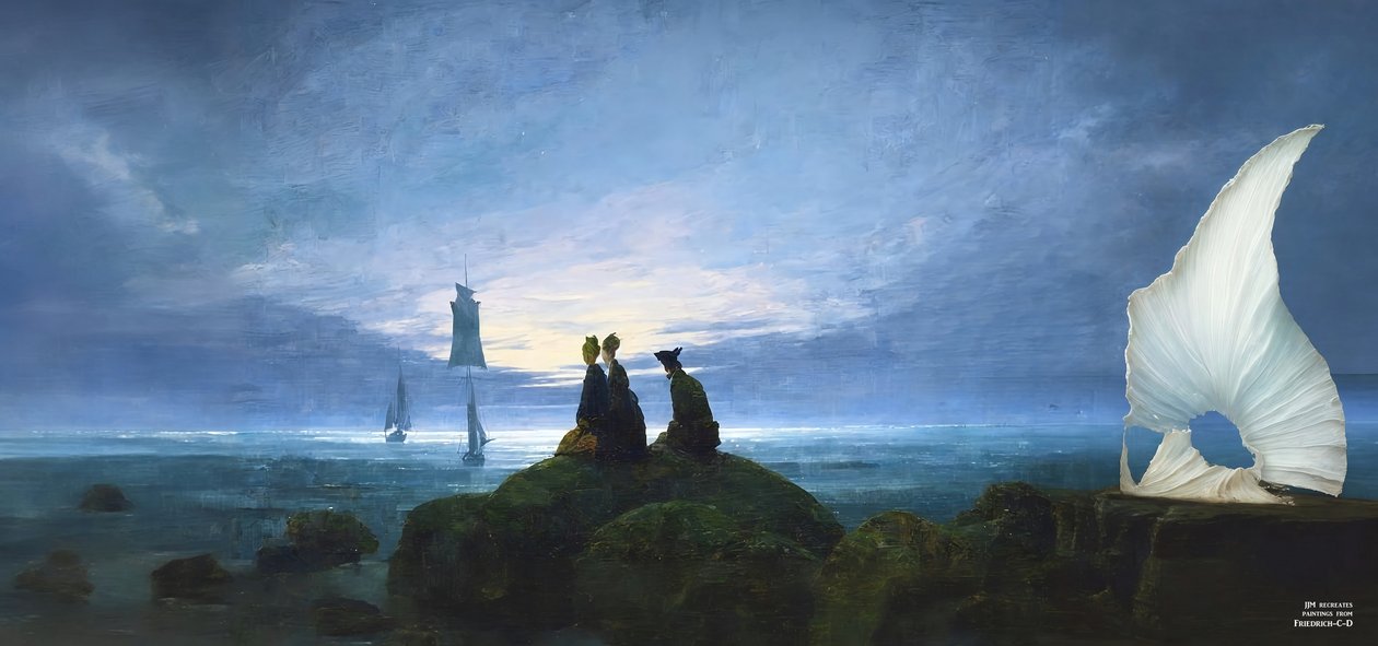 JJM luo uudelleen Friedrich-C-D: Moonrise over the sea (hiljainen katsoja) af Josef Johann Michel