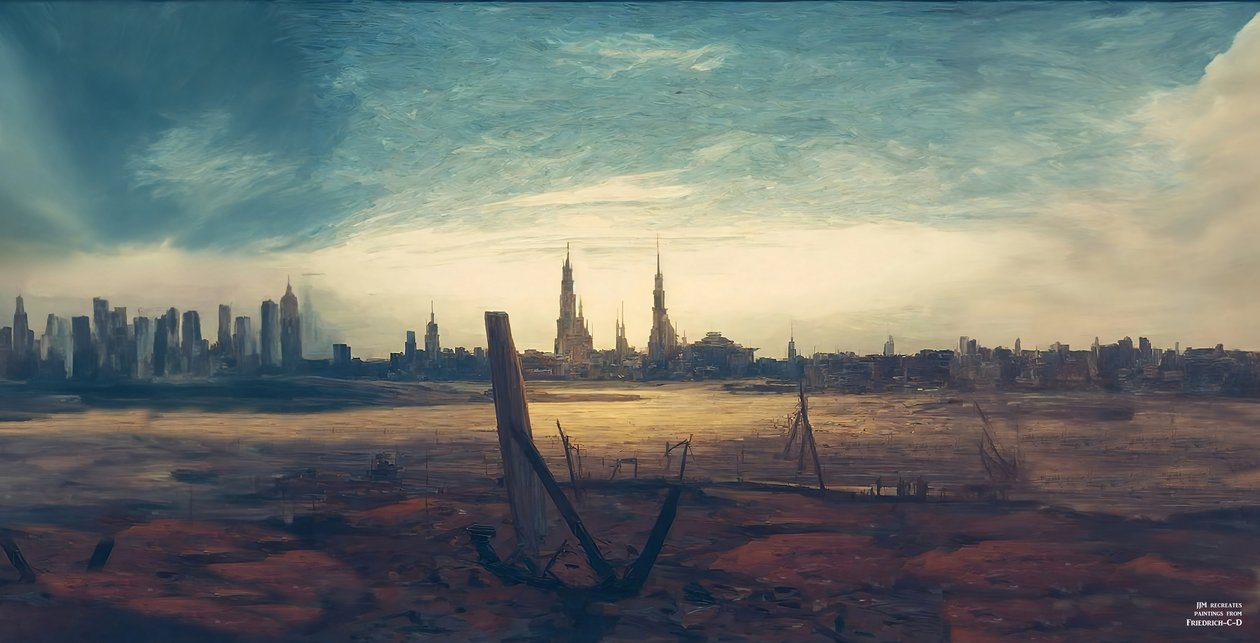 JJM genskaber Friedrich-C-D: City at moonrise (højhuse) af Josef Johann Michel