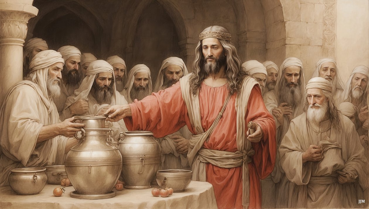 Jesus_fortæller tjenerne_fyld vandkrukkerne_Bryllup i Kanaan_01 af Josef Johann Michel