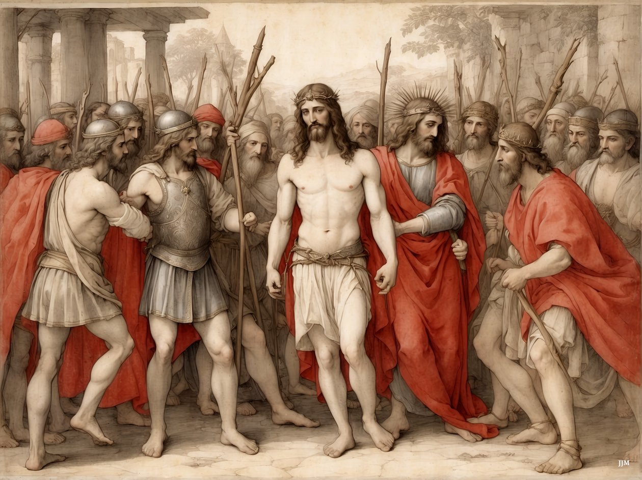 Jesus_ hånet og slået af romerske soldater_02 af Josef Johann Michel