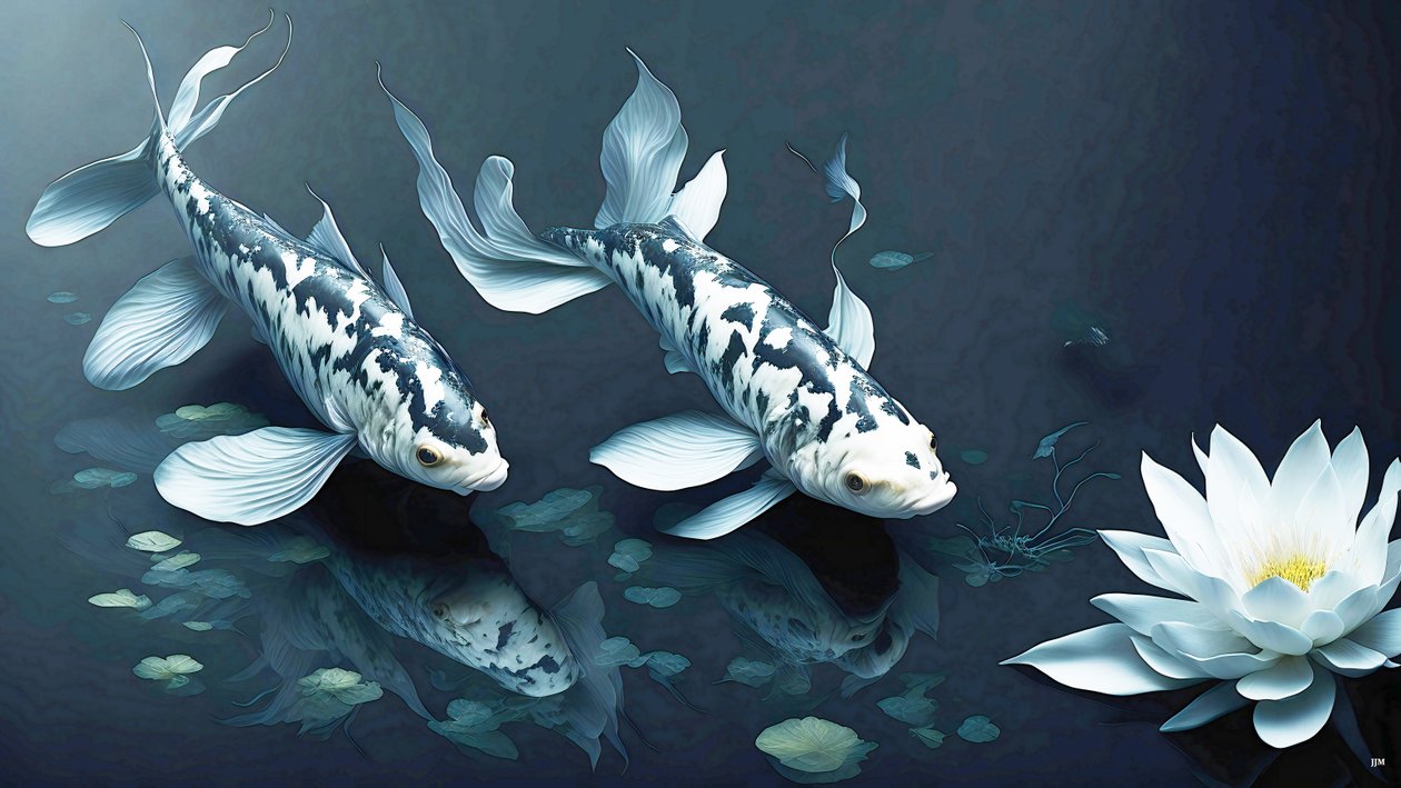 blækmaleri: Koi-Karpfisk_hvid marmor_02 af Josef Johann Michel