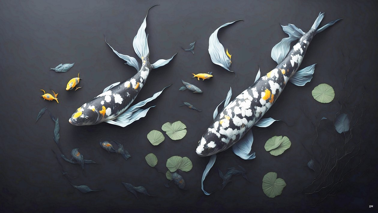 blækmaleri: Koi-Karpfish_white marble_05 af Josef Johann Michel