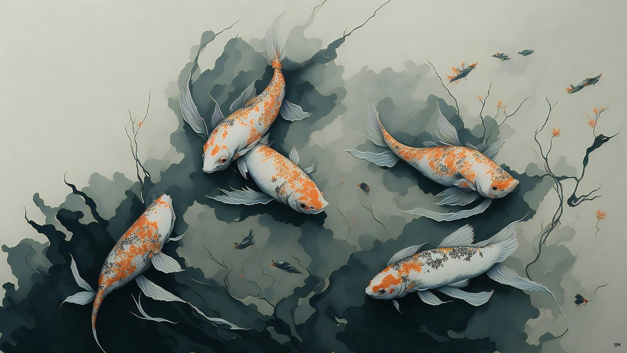 blækmaleri: Koi karpefisk_03 af Josef Johann Michel