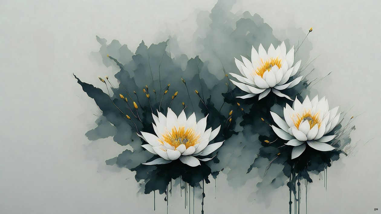 blækmaleri: water-lillies_02 af Josef Johann Michel