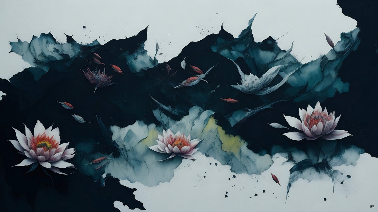 blækmaleri: waterlili-black_02 af Josef Johann Michel