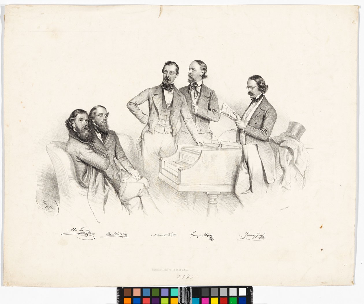 Gruppeportræt: Anton Storch, Carl Binder, Anton Emil Titl, Franz von Suppé, Heinrich Proch af Josef Kriehuber