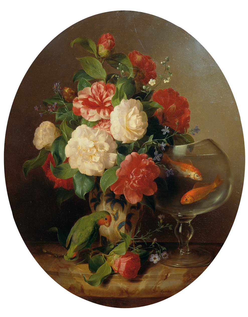 Blomsterstykke med guldfiskeskål af Josef Lauer