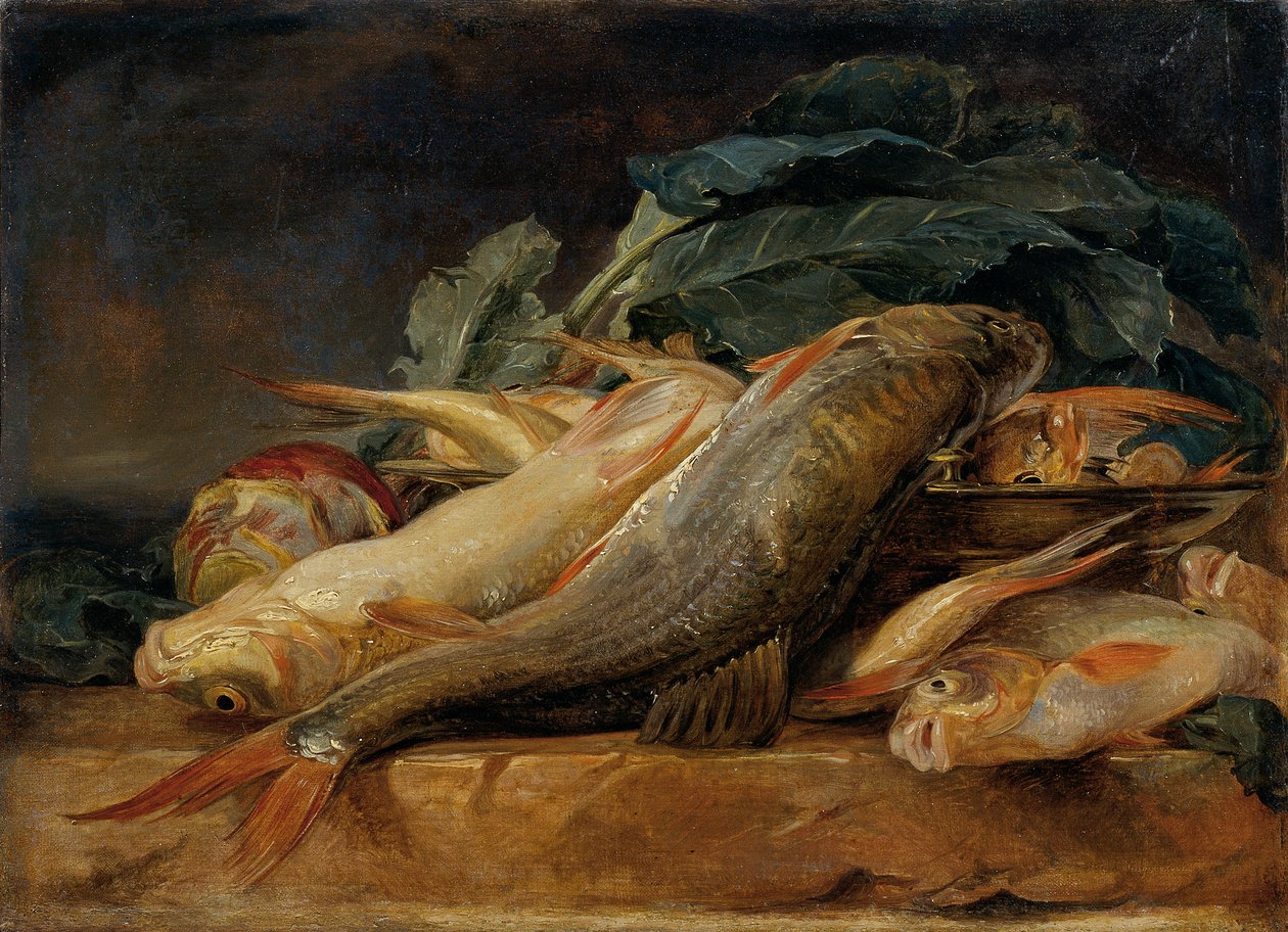 Stilleben med fisk af Josef Neugebauer