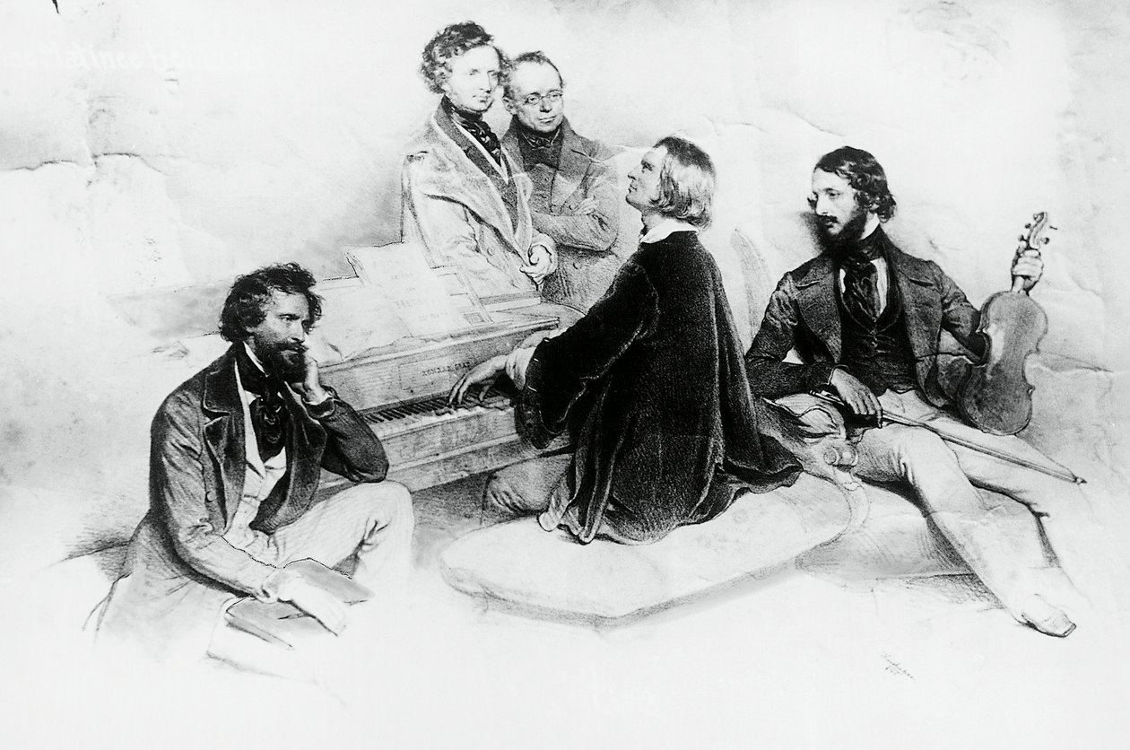 Matiné hjemme hos Liszt, fra venstre mod højre, Kriehuber, komponist Hector Berlioz (1803-1869), Carl Czerny (1791-1857) Liszts lærer, Franz Liszt (1811-1866) og violinist Heinrich Wilhelm Ernst (1840-1865), Litografi af Josef Kriehuber (1800-1876) af Josef Nikolaus Kriehuber