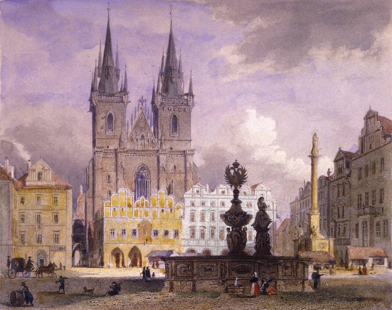 Krocín-fontænen, Prag, 1864 (farvet stålgravering) af Josef Vojtech Hellich