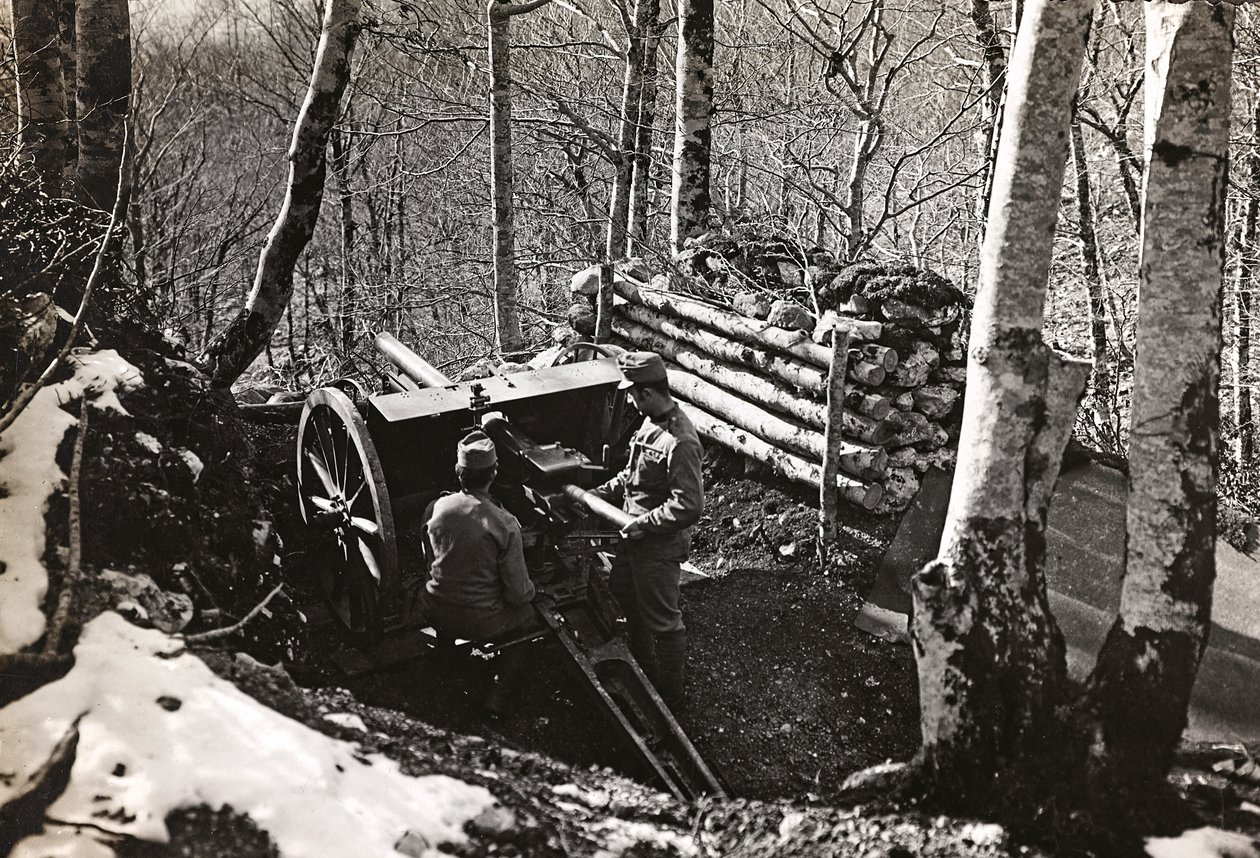 Album "Min verdenskrig - minder om den sydvestlige front i Kärnten, Italien, Trentino-Alto Adige) 31/03/1915-12/11/ 1918 - Josef Zohles Vienna ": Soldater med kanon (s/h p) af Josef Zohles