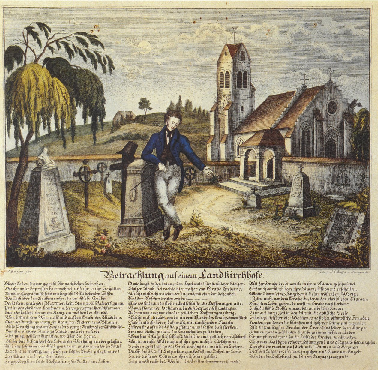 Kontemplation i en kirkegård på landet, andagtsbillede med bønnetekst, tegning af Josef Bayer af Joseph Bayer