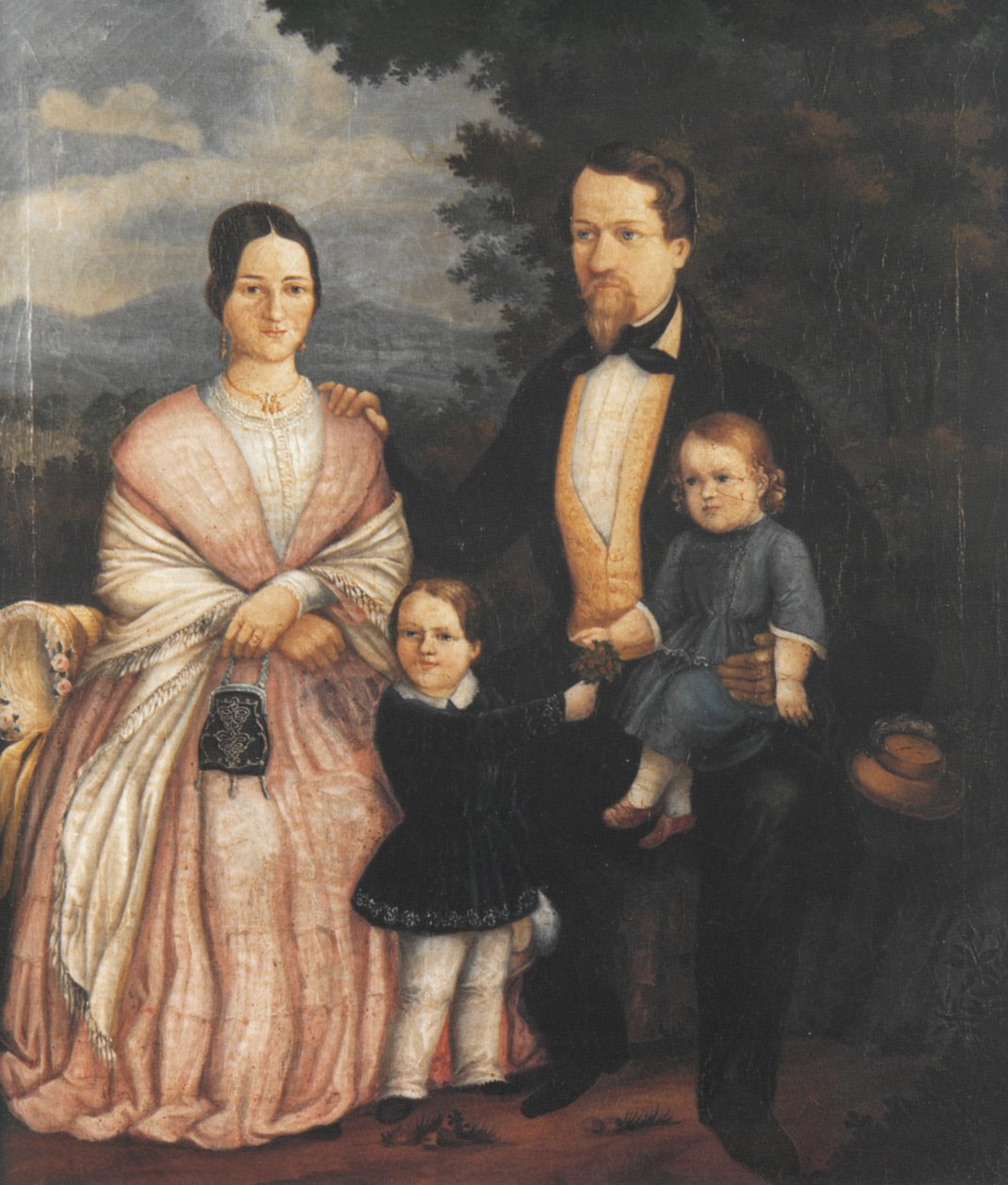 Selvportræt af Joseph Bayer med hans kone Lisette Bayer, f. Kerner og deres børn Eugen (* 1846) og Albert (* 1851); Oliemaleri, 1853 af Joseph Bayer
