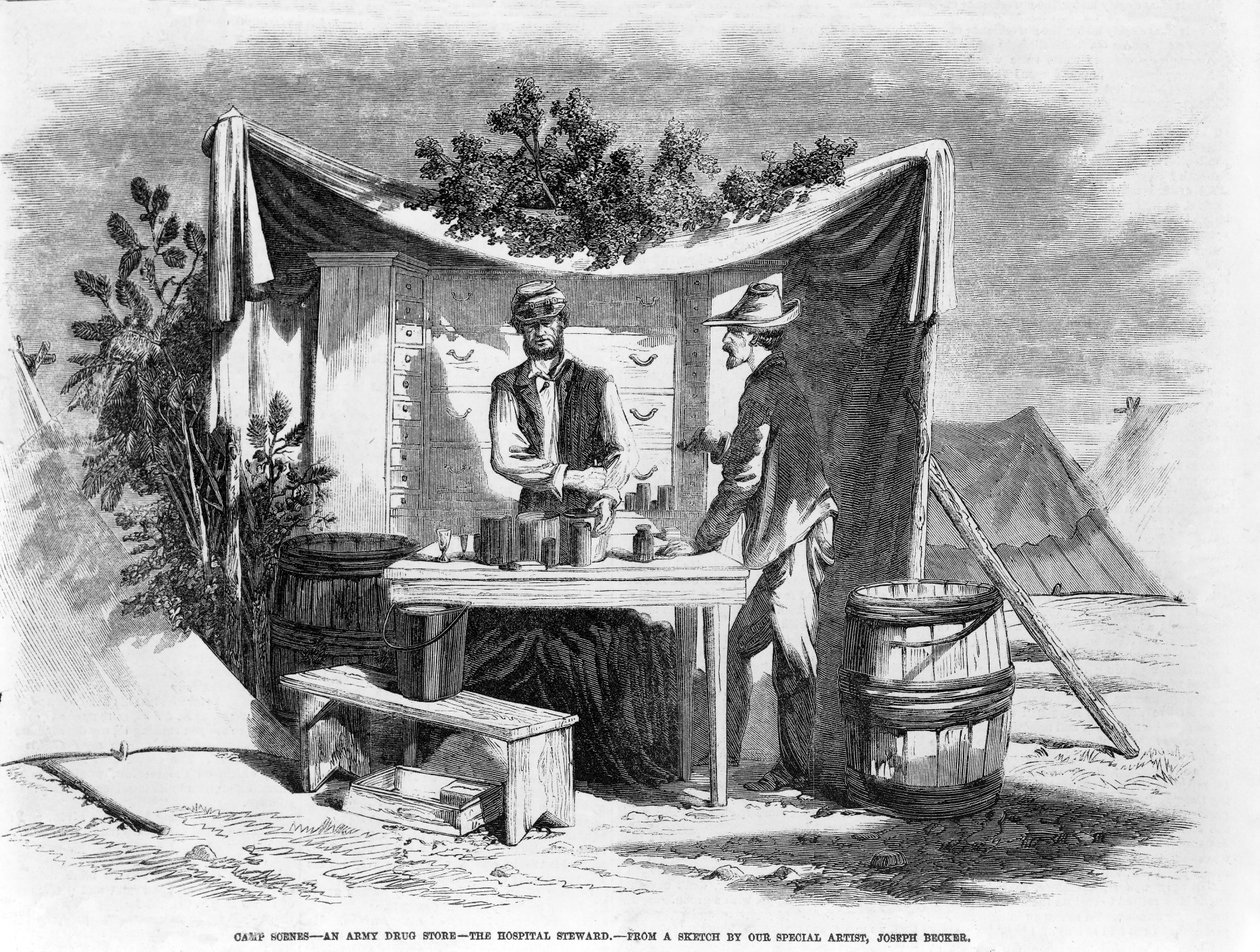 Lejrscener - en hærens lægemiddelbutik - hospitalets steward, pub. 1864 af Joseph Becker