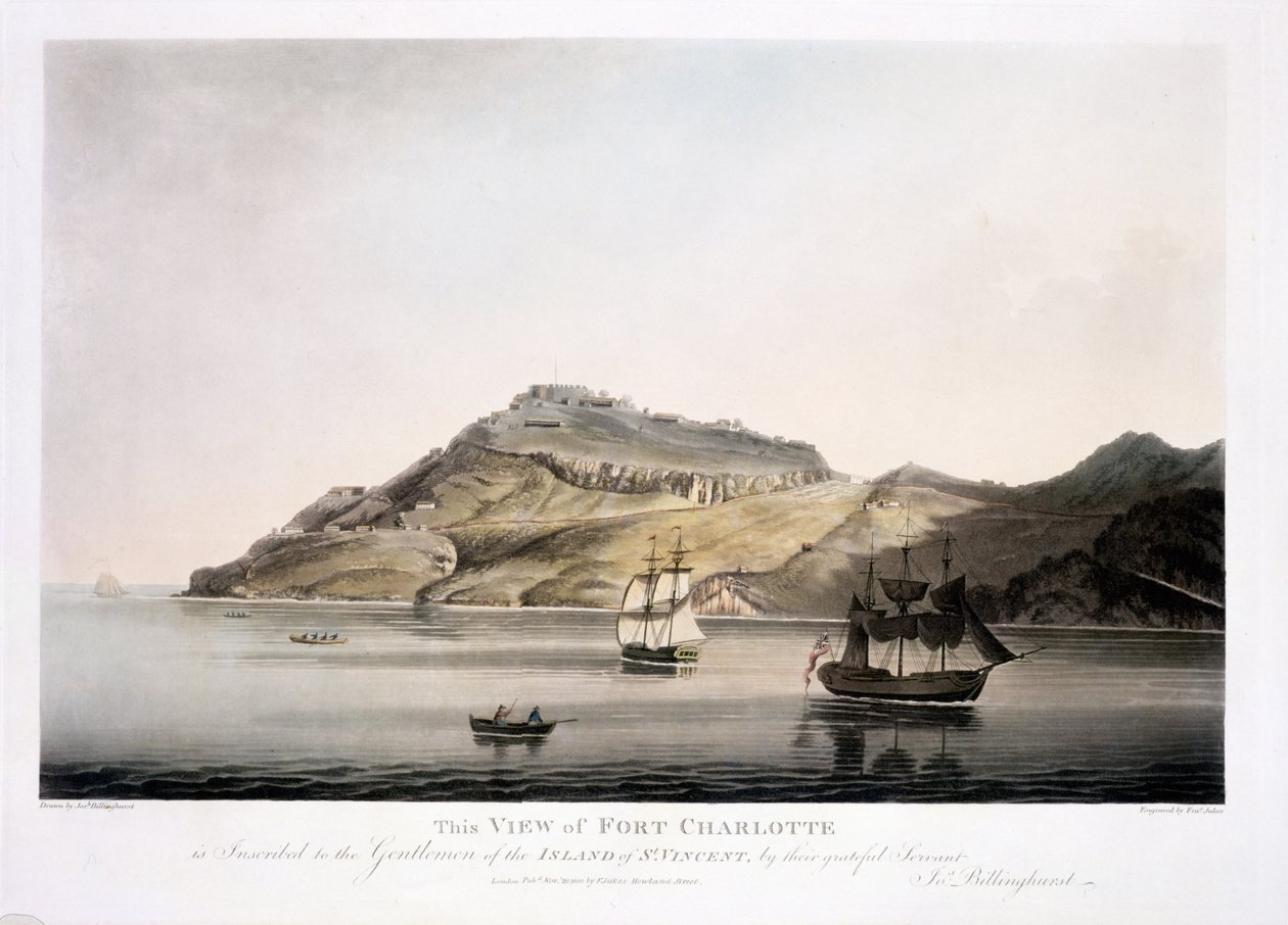 Udsigt over Fort Charlotte på øen St. Vincent, graveret og udgivet af Francis Jukes (1747-1812), 1800 (akvaratint i farver) af Joseph Billinghurst