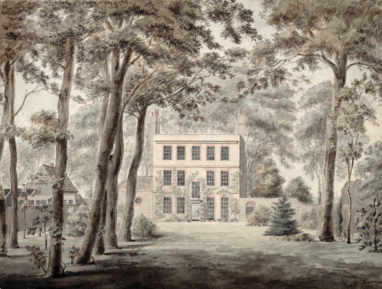 En gartner, der arbejder på grunden til et elegant landsted, 1788 (blyant, blæk og wc) af Joseph Charles Barrow
