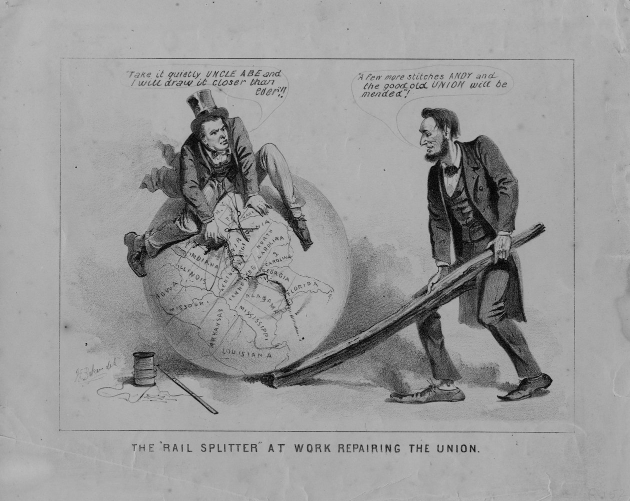 The Rail Splitter på arbejde ved at reparere Unionen, c.1865 litho af Joseph Baker