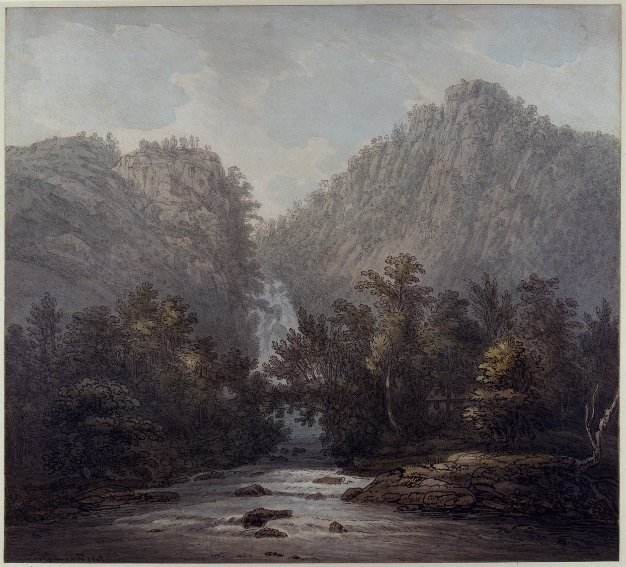 Lodore Waterfall, Westmoreland, 1785 (pen og blæk og wc på papir) af Joseph Farington