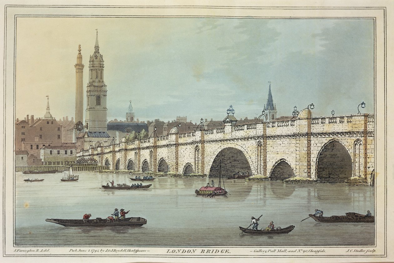 Udsigt over Old London Bridge, graveret af J.C. Stadler (fl.1780-1812), 1795 (farvet akvatint) af Joseph Farington