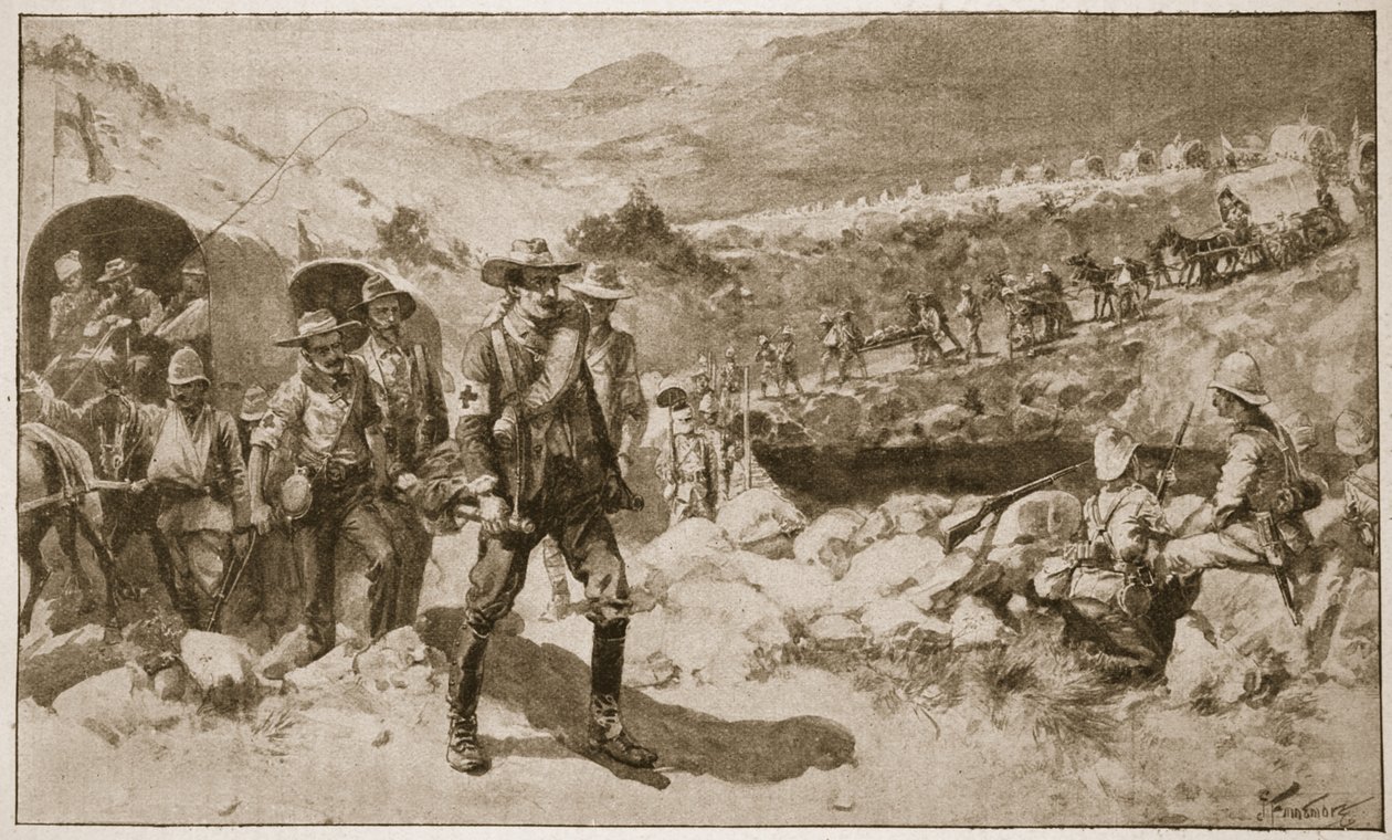 Efter slaget: En vemodig tilbagevenden, illustration fra "Battles of the Nineteenth Century, Vol. VI: The Boer War of 1899-1900" af Archibald Forbes, G.A. Henty og major Arthur Griffiths af Joseph Finnemore