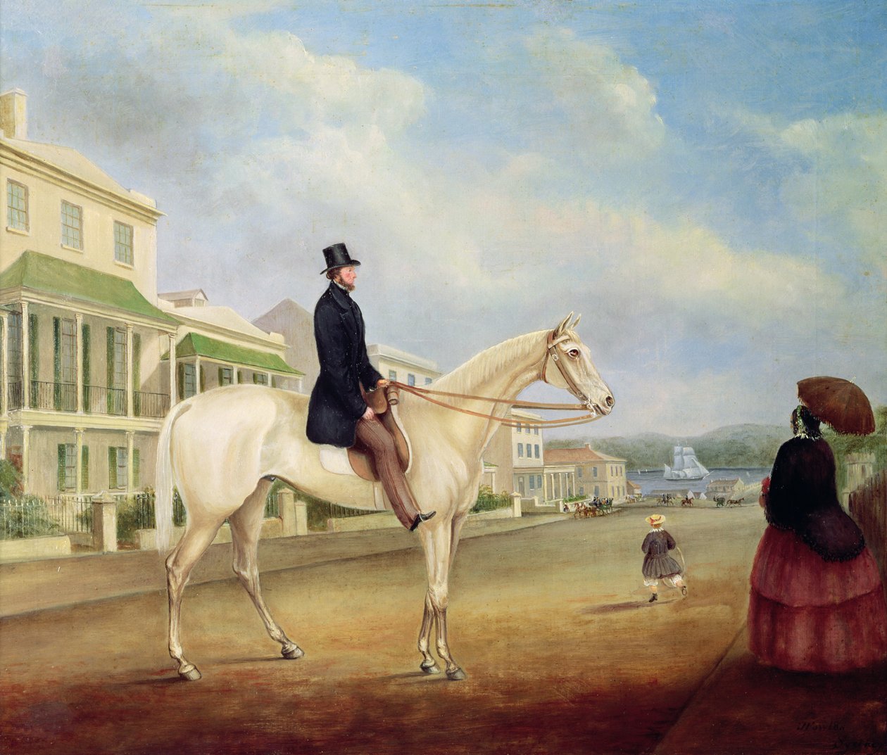 Rytter på en hvid hest, sandsynligvis i Macquarie Street North, ca. 1850 af Joseph Fowles