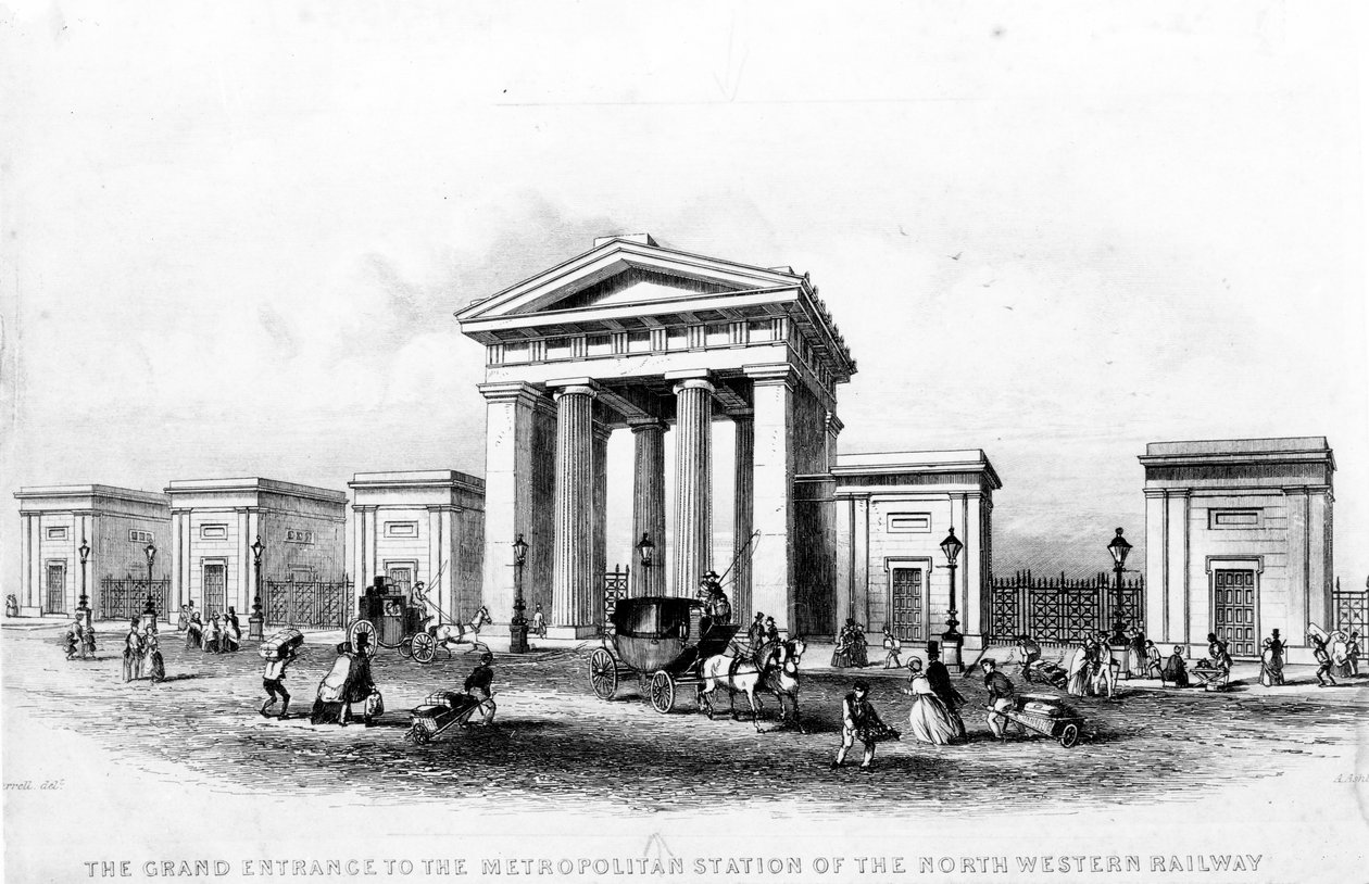 The Grand Entrance of the Metropolitan Station of the North Western Railway, indgraveret af Alfred Ashley, ca. 1837 af Joseph Francis Burrel