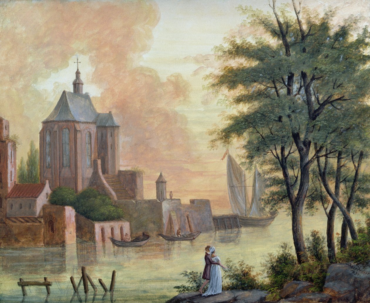 Promenade langs flodbredden, 1821 af Joseph Francois Baudelaire