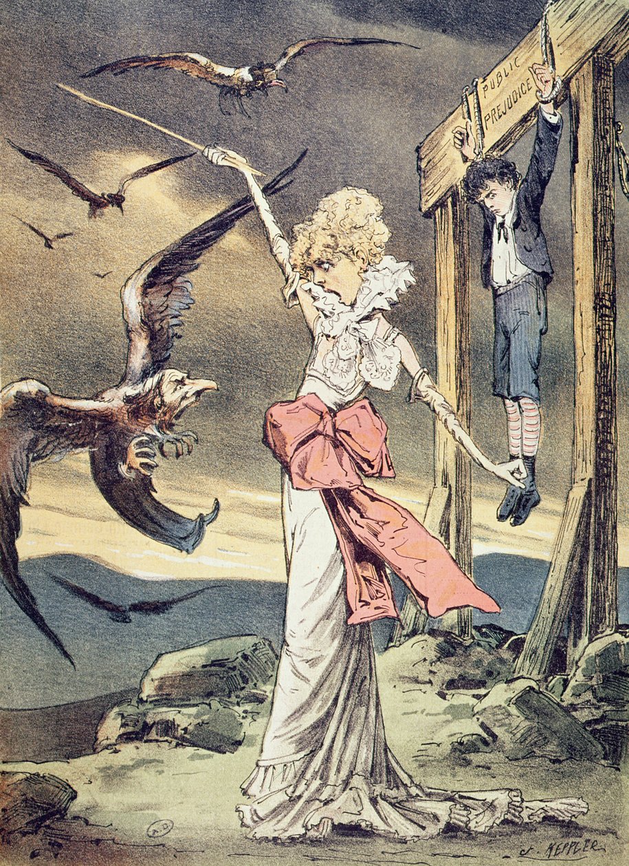 Karikatur af Sarah Bernhardt portrætteret som den gammeltestamentlige heltinde Rizpah, der beskytter sin søn mod den katolske kirkes gejstlige gribbe, illustration fra tidsskriftet "Puck", december 1880 (koloreret). af Joseph Keppler