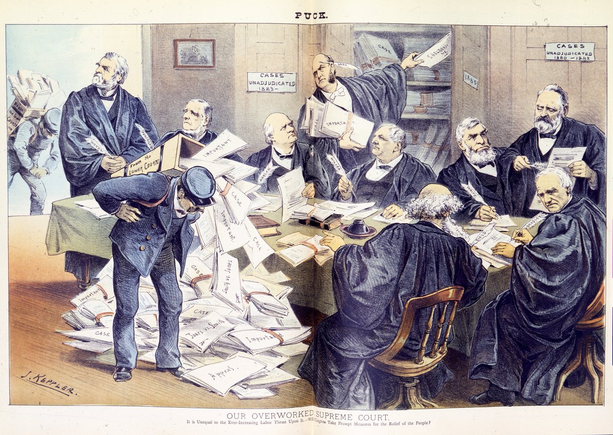 Vores overanstrengte højesteret: Den er ulige med den stadigt stigende arbejdskraft, der er presset på den - vil kongressen træffe hurtige foranstaltninger for at hjælpe folket, 1885 af Joseph Keppler