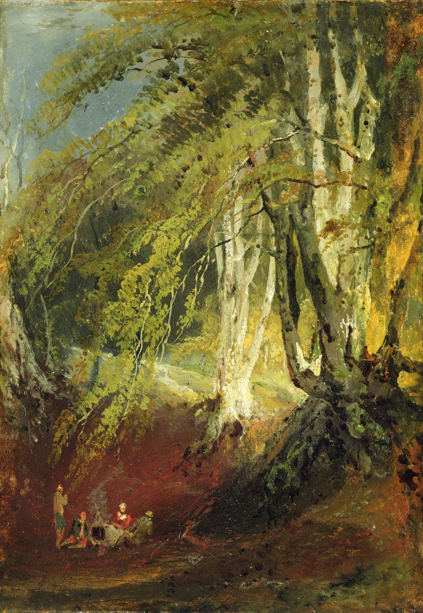 En bøgeskov med sigøjnere siddende rundt om et lejrbål, ca. 1799-1801 (olie på papir lagt på panel) af Joseph Mallord William Turner