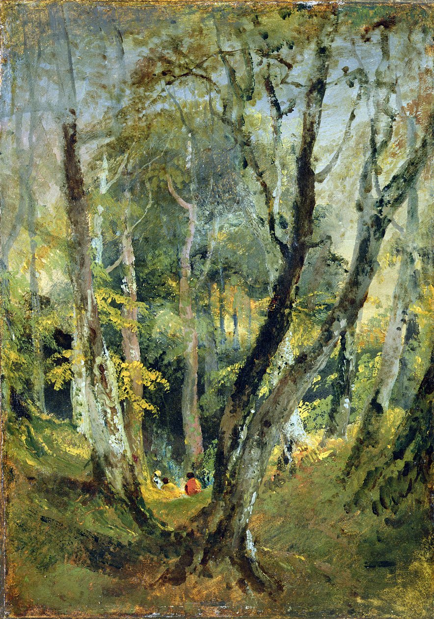 En bøgeskov med sigøjnere siddende i det fjerne, ca. 1799-1801 (olie på papir lagt på panel) af Joseph Mallord William Turner