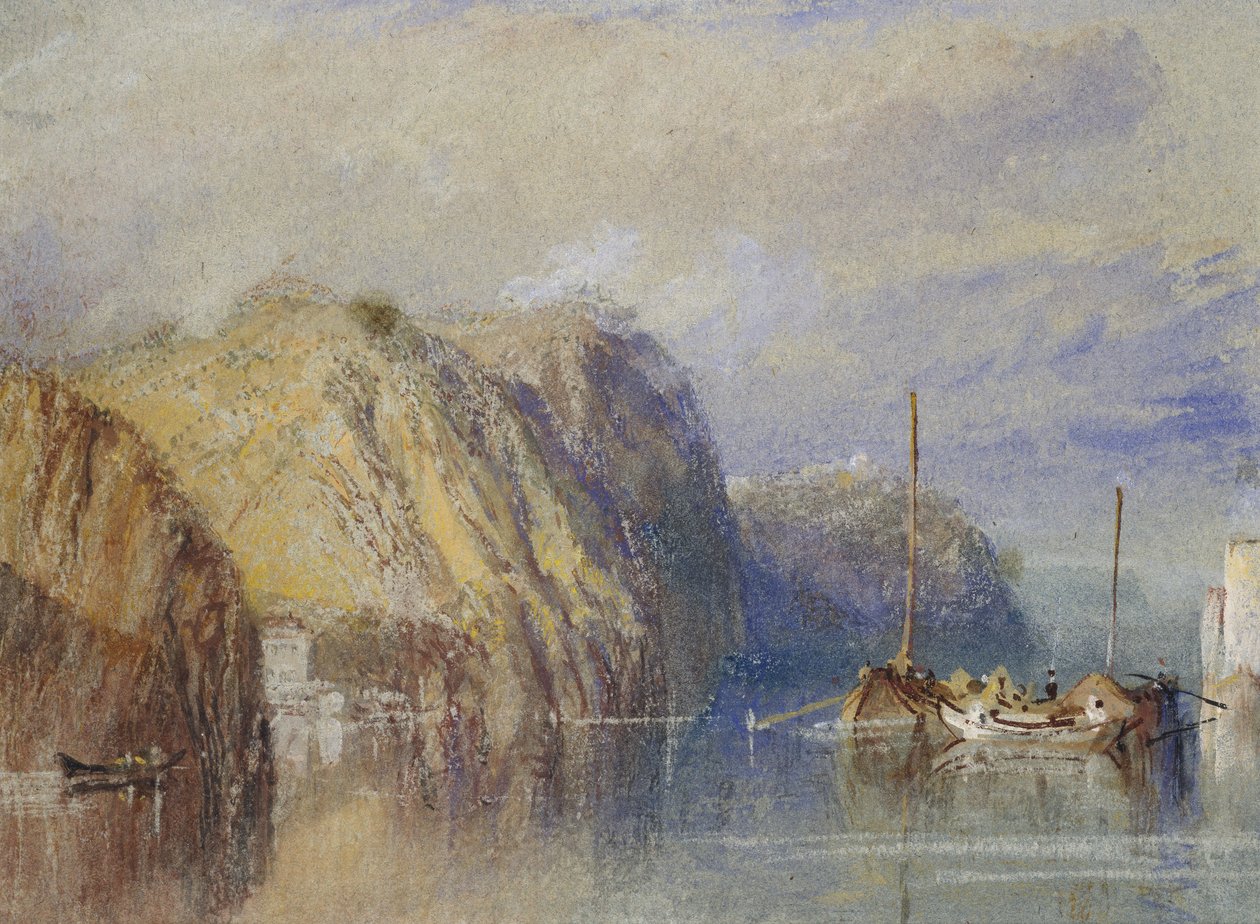 Mellem Clairmont og Mauves, 1826 - 1830 (akvarel med kropsfarve og pen og brunt blæk på blåt papir) af Joseph Mallord William Turner