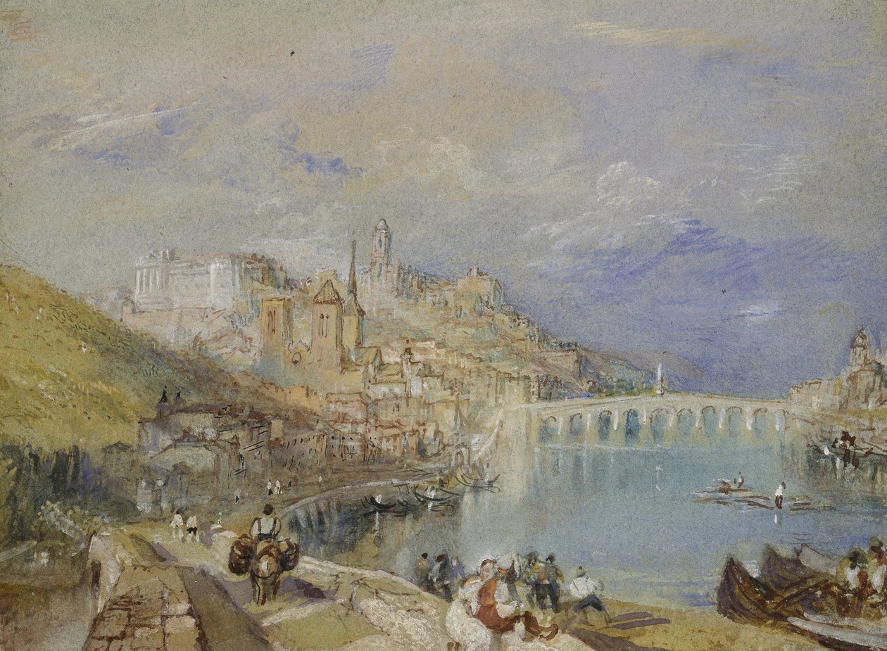 Blois, ca. 1830 (akvarel med kropsfarve og pen og brunt og sort blæk på blåt papir) af Joseph Mallord William Turner