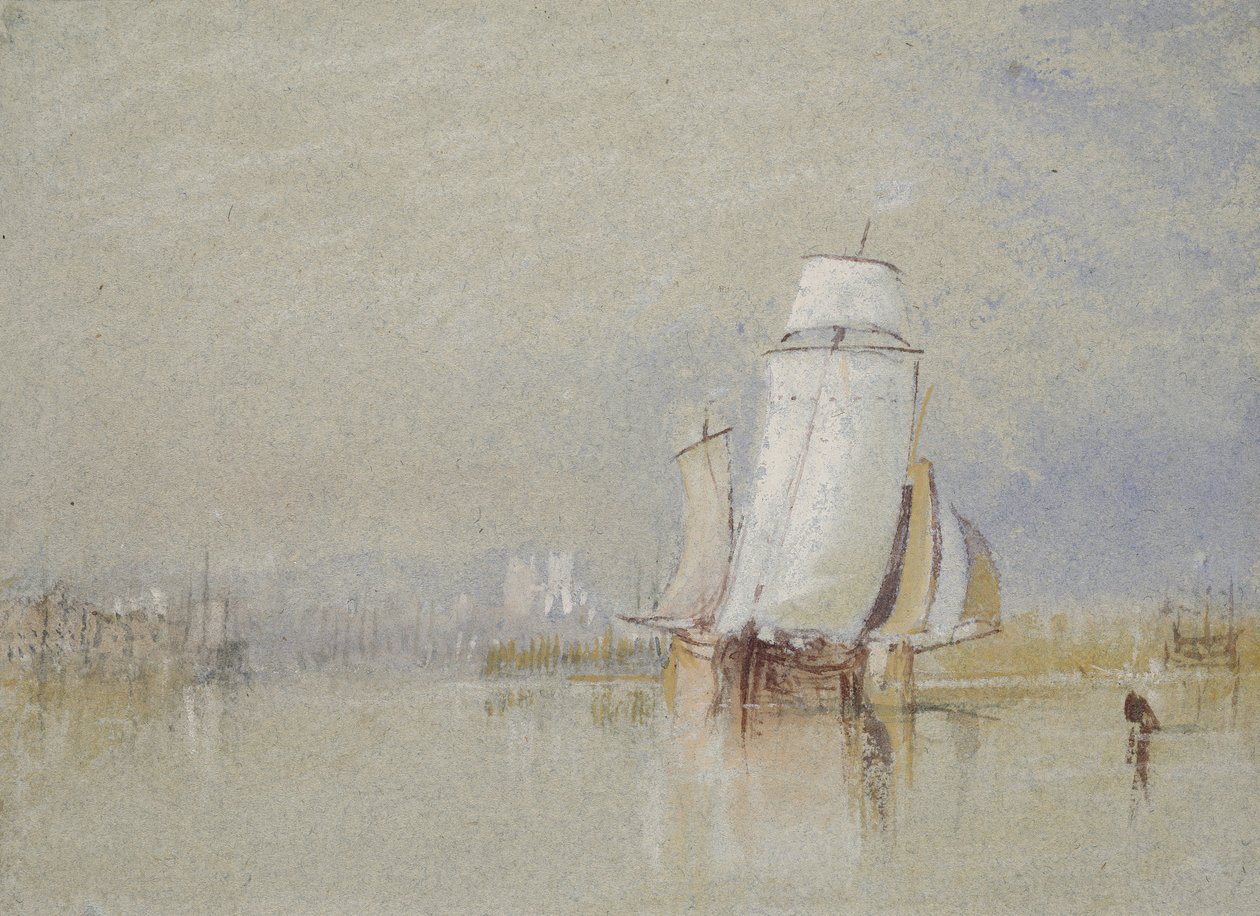 Calm on the Loire, 1832 (akvarel med kropsfarve og pen og brunt blæk på blåt papir) af Joseph Mallord William Turner