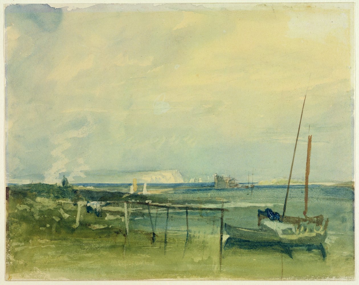 Kystscene med hvide klipper og både på kysten (wc og grafit på papir) af Joseph Mallord William Turner
