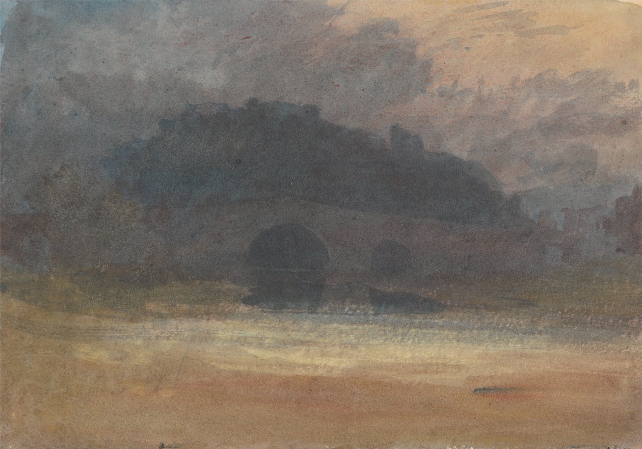 Aftenlandskab med slot og bro i Yorkshire af Joseph Mallord William Turner